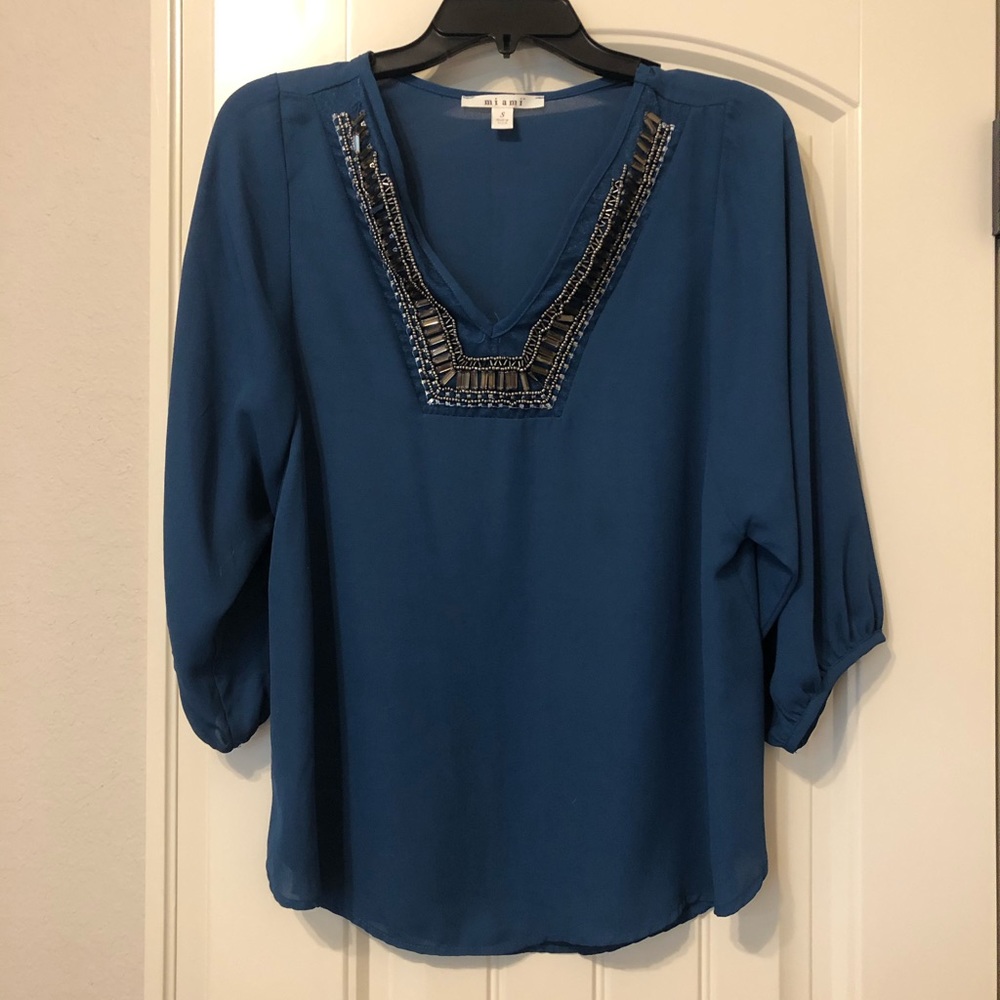 Sequin Blue Blouse 3/4 Length Sleeve